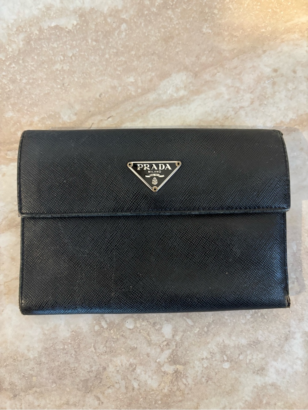 Prada Black Saffiano Leather Wallet with Triangle Plaque